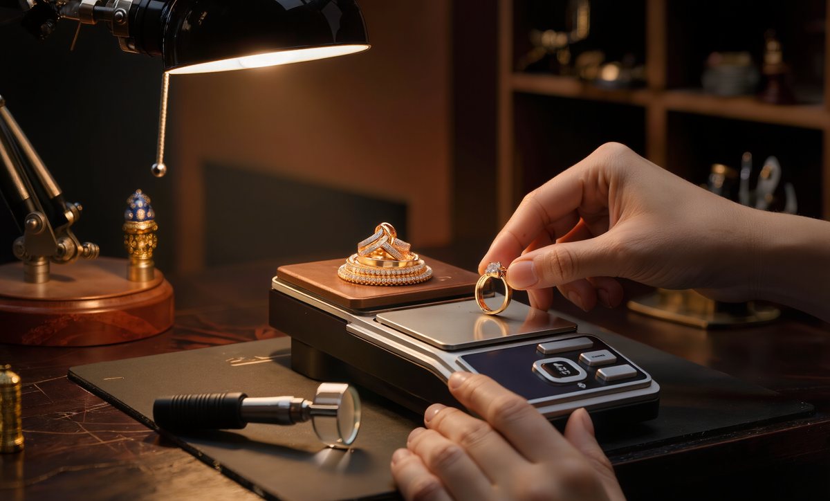 Ein Ring wird zur kostenlosen Bewertung auf einer Feinwaage gewogen, daneben eine Juwelierslupe